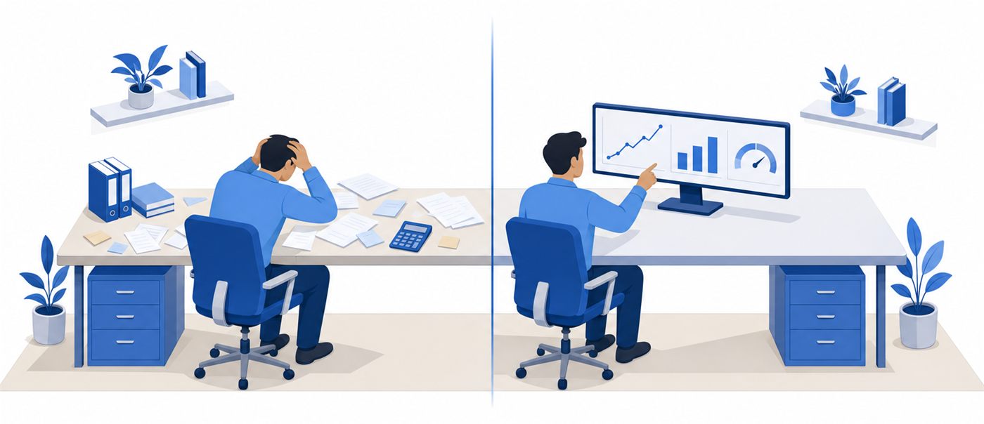 Ilustração: uma mesa de gestão isométrica com planilhas bagunçadas de um lado e, do outro, um painel organizado com gráficos de caixa, preço e processo, dividida por uma linha azul