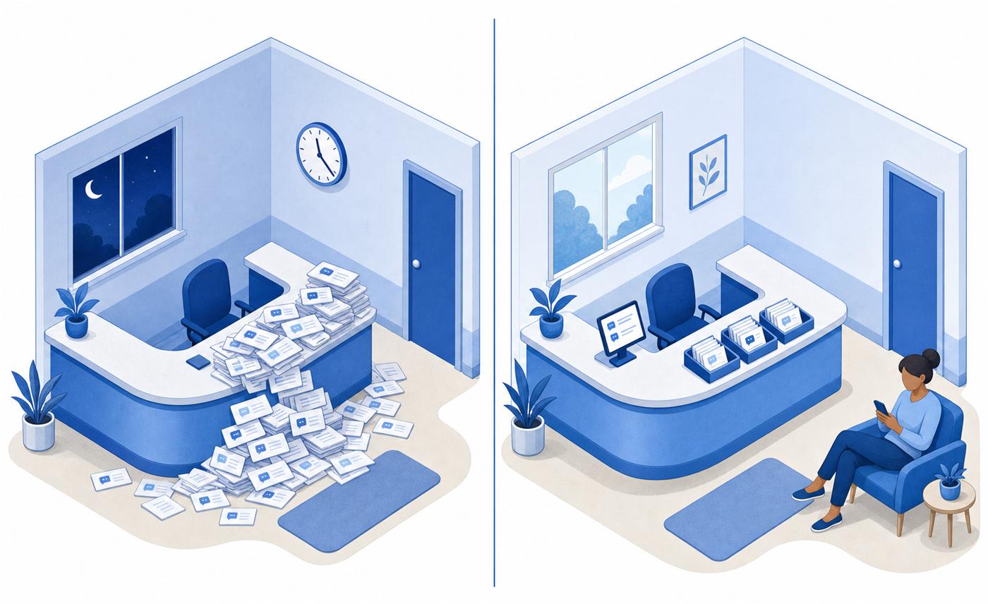 Ilustração: recepção de clínica à noite com mensagens acumuladas, e a mesma recepção com o atendimento com IA respondendo e triando cada contato